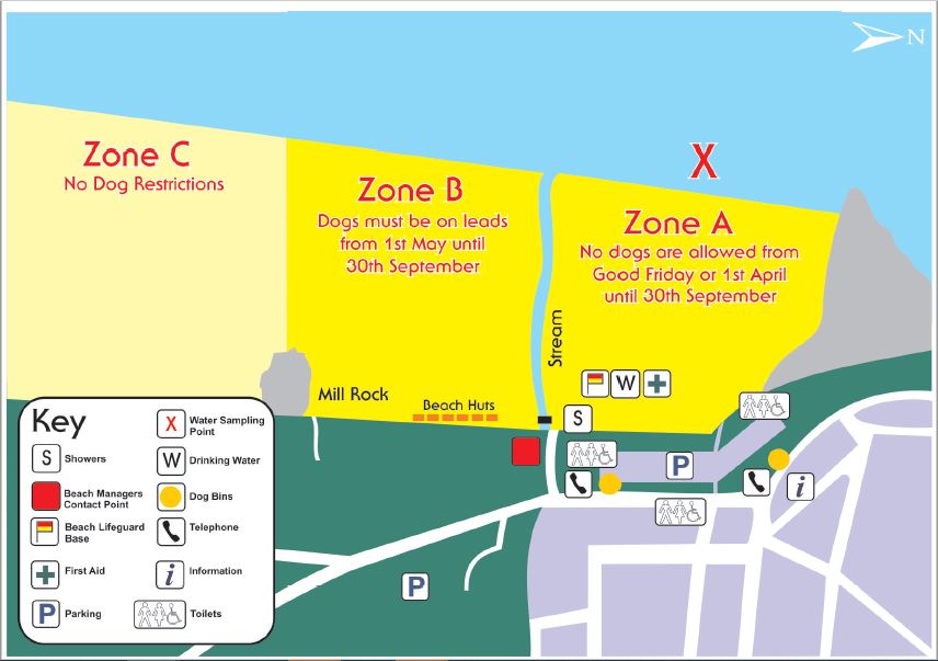 Map of Woolacombe beach showing zones with dog restrictions