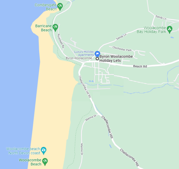 Map showing location of the Byron Woolacombe holiday complex near Woolacombe beach in North Devon