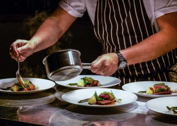 Chef preparing dishes at Noel Corston restaurant in Woolacombe