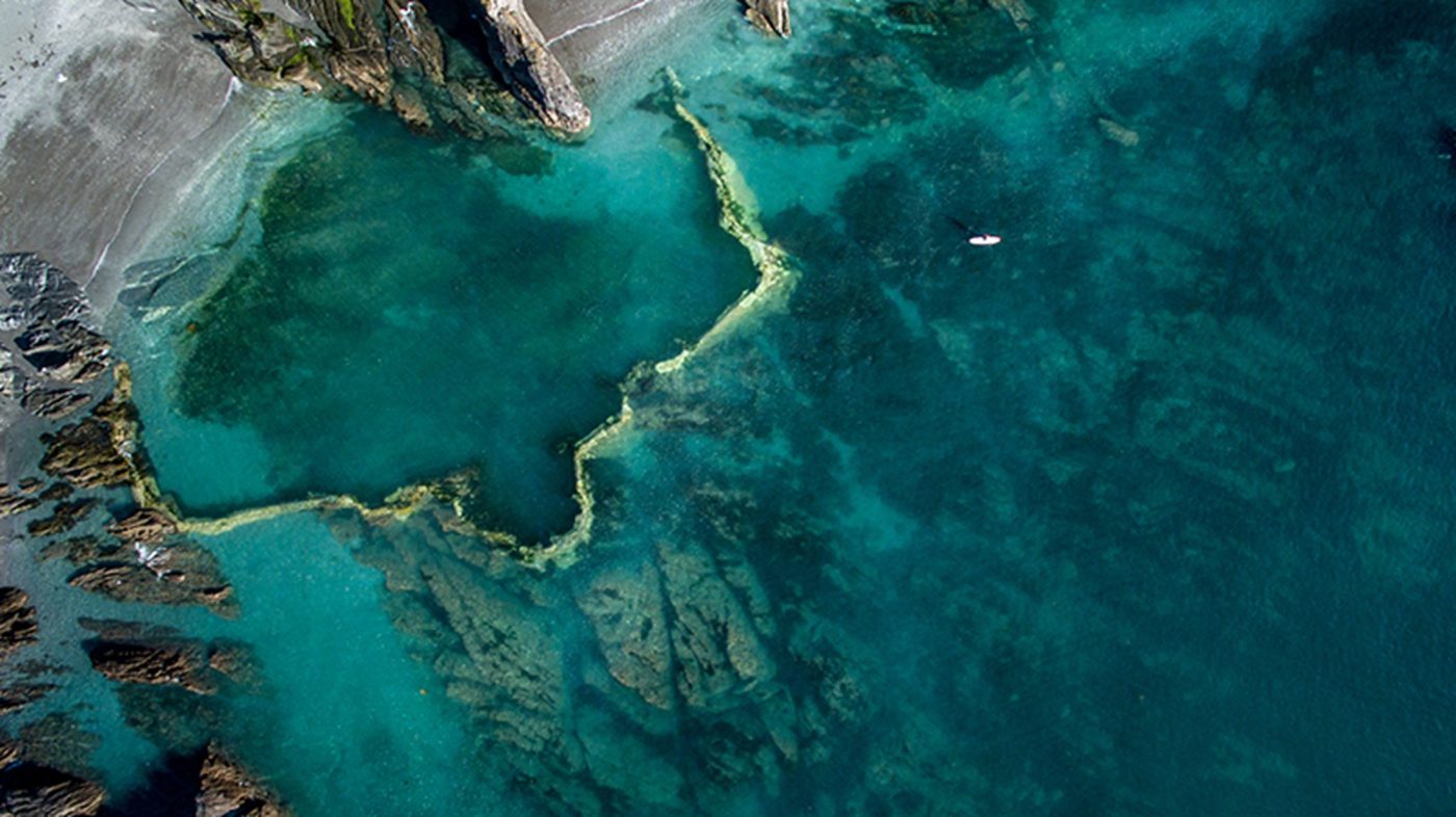 Bird's eye view of Tunnels Beach in North Devon