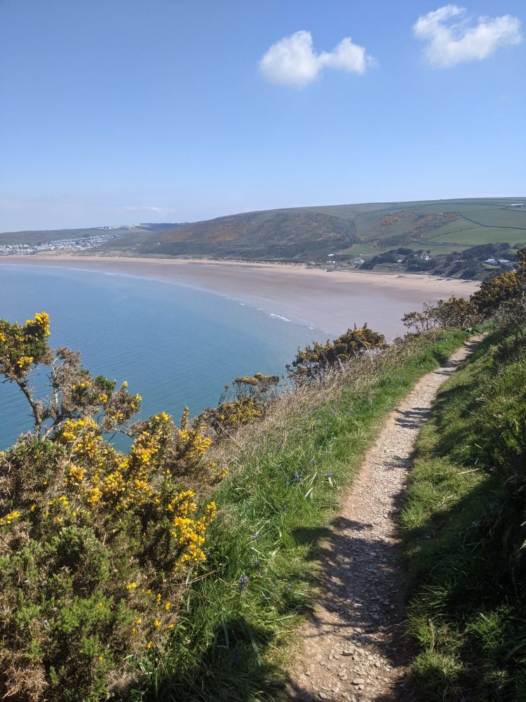 Coastal path with view of a sandy beach in Devon