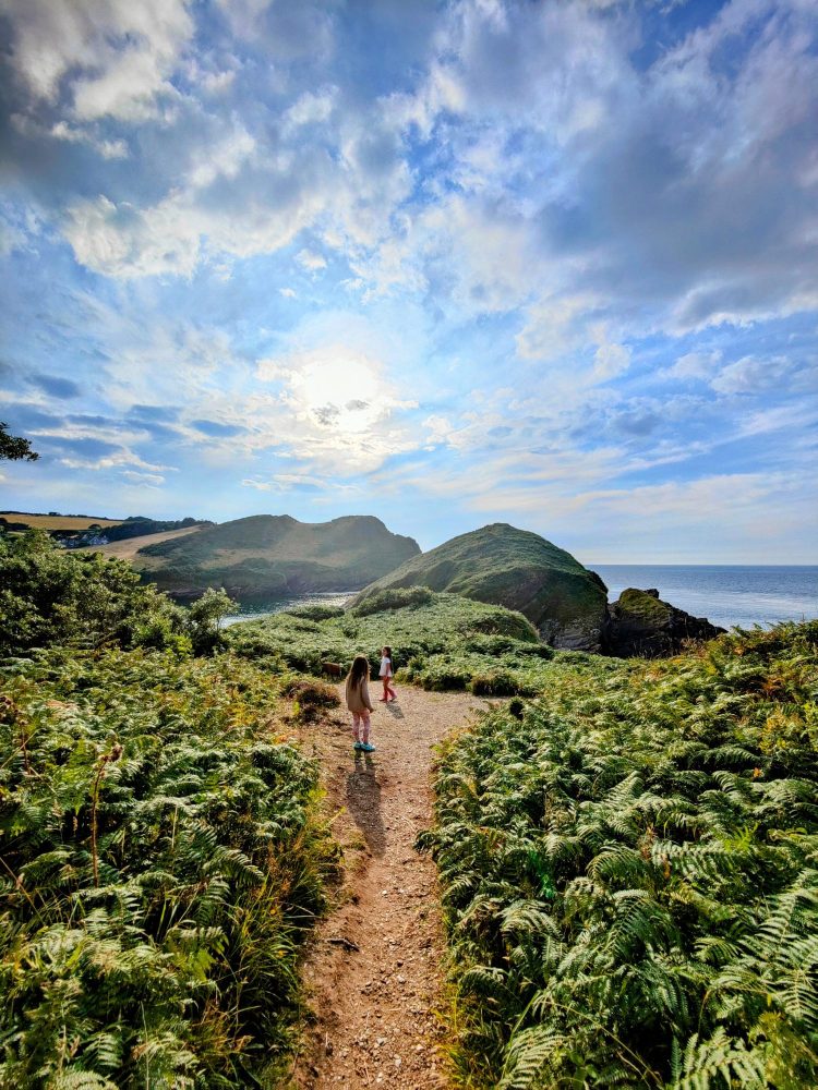 Children on a coastal path during an evening walk along the North Devon coast