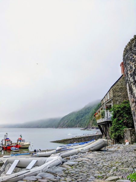 Boats moored at Clovelly on a misty day